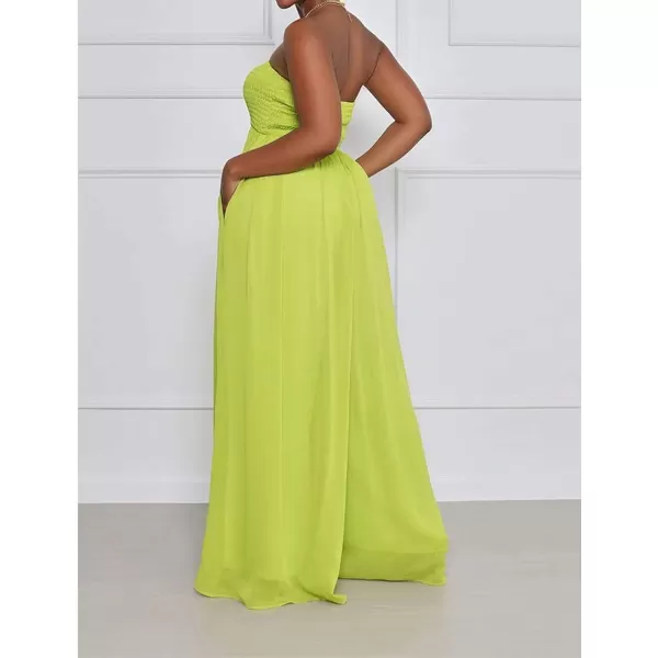 IyMoo Womens Sexy Off Shoulder Strapless Loose Wide Leg Jumpsuit Long Romper with PocketsGreen