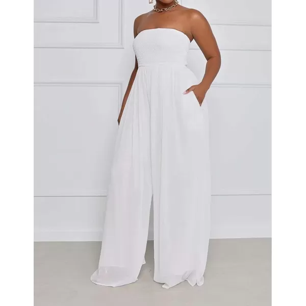 IyMoo Womens Sexy Off Shoulder Strapless Loose Wide Leg Jumpsuit Long Romper with PocketsWhite