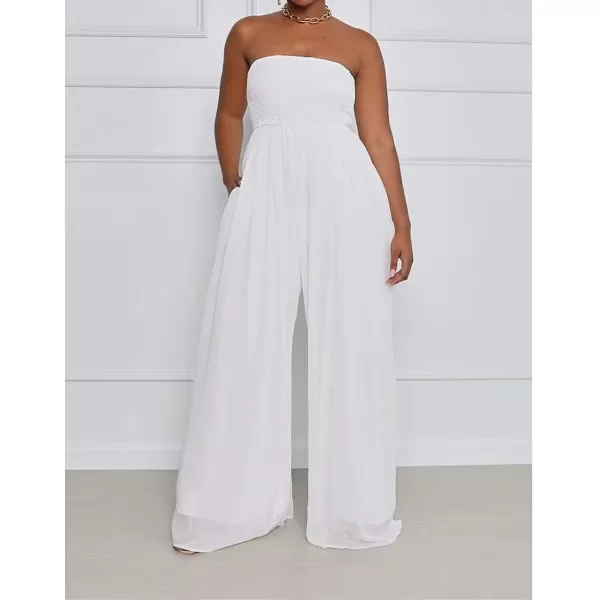 IyMoo Womens Sexy Off Shoulder Strapless Loose Wide Leg Jumpsuit Long Romper with PocketsWhite