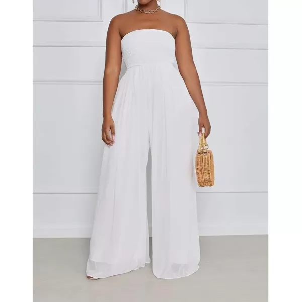 IyMoo Womens Sexy Off Shoulder Strapless Loose Wide Leg Jumpsuit Long Romper with PocketsWhite