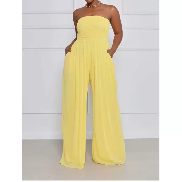 IyMoo Womens Sexy Off Shoulder Strapless Loose Wide Leg Jumpsuit Long Romper with PocketsYellow