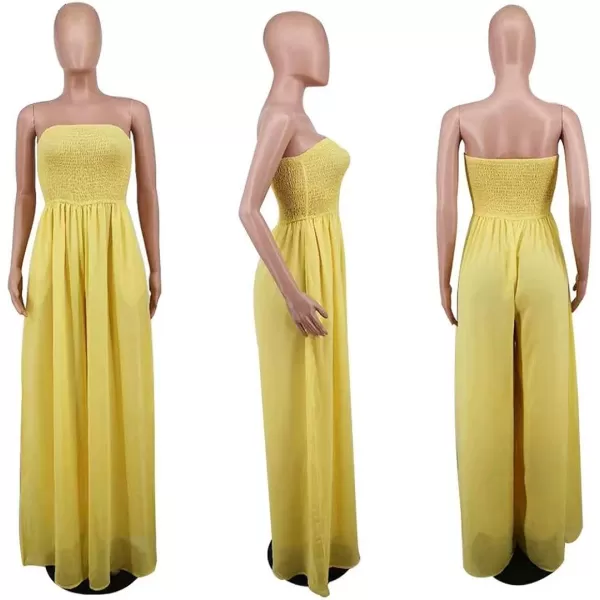 IyMoo Womens Sexy Off Shoulder Strapless Loose Wide Leg Jumpsuit Long Romper with PocketsYellow