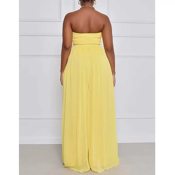 IyMoo Womens Sexy Off Shoulder Strapless Loose Wide Leg Jumpsuit Long Romper with PocketsYellow