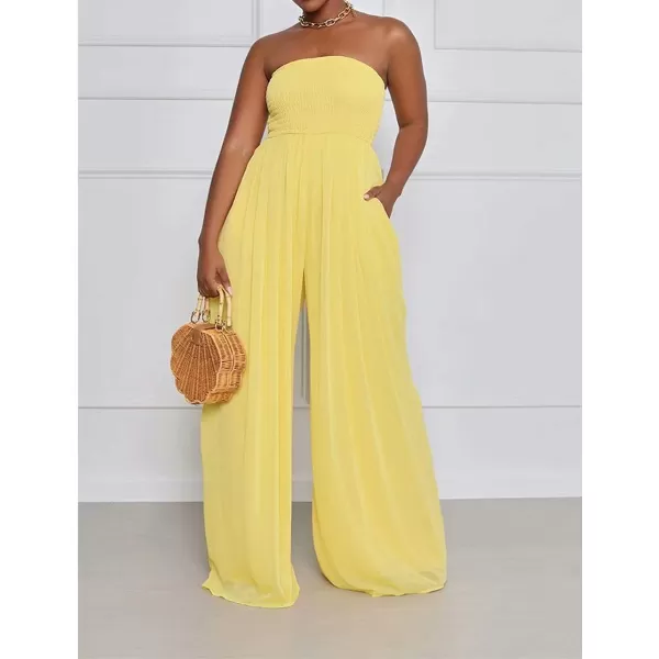 IyMoo Womens Sexy Off Shoulder Strapless Loose Wide Leg Jumpsuit Long Romper with PocketsYellow