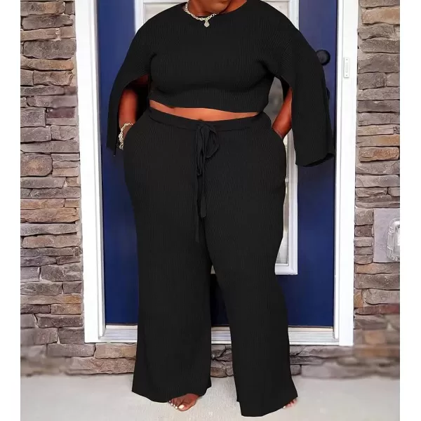 IyMoo Womens Sexy Plus Size 2 Piece Jumpsuit Outfits  Ribbed Slit Half Sleeve Crop Tops  Pockets Wide Leg Pants Party SetsBlack