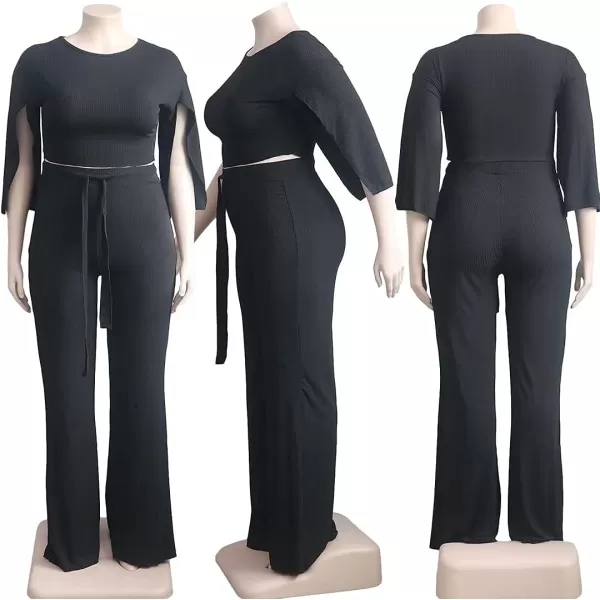IyMoo Womens Sexy Plus Size 2 Piece Jumpsuit Outfits  Ribbed Slit Half Sleeve Crop Tops  Pockets Wide Leg Pants Party SetsBlack