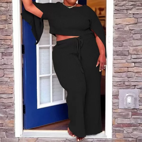 IyMoo Womens Sexy Plus Size 2 Piece Jumpsuit Outfits  Ribbed Slit Half Sleeve Crop Tops  Pockets Wide Leg Pants Party SetsBlack