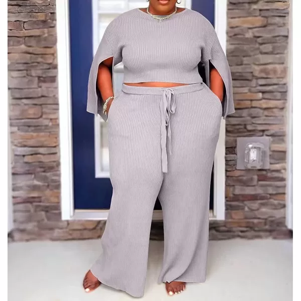 IyMoo Womens Sexy Plus Size 2 Piece Jumpsuit Outfits  Ribbed Slit Half Sleeve Crop Tops  Pockets Wide Leg Pants Party SetsGray