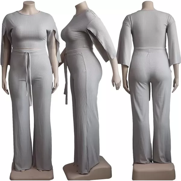 IyMoo Womens Sexy Plus Size 2 Piece Jumpsuit Outfits  Ribbed Slit Half Sleeve Crop Tops  Pockets Wide Leg Pants Party SetsGray