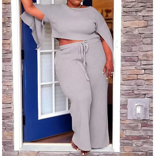 IyMoo Womens Sexy Plus Size 2 Piece Jumpsuit Outfits  Ribbed Slit Half Sleeve Crop Tops  Pockets Wide Leg Pants Party SetsGray