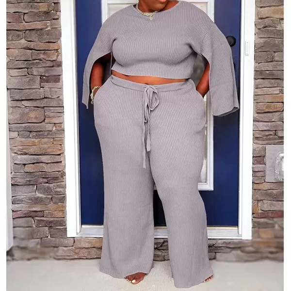IyMoo Womens Sexy Plus Size 2 Piece Jumpsuit Outfits  Ribbed Slit Half Sleeve Crop Tops  Pockets Wide Leg Pants Party SetsGray