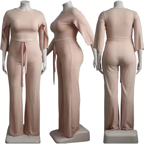 IyMoo Womens Sexy Plus Size 2 Piece Jumpsuit Outfits  Ribbed Slit Half Sleeve Crop Tops  Pockets Wide Leg Pants Party SetsKhaki