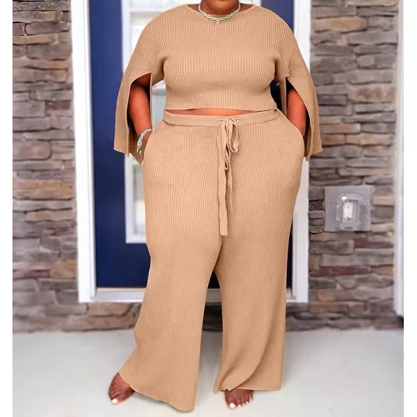 IyMoo Womens Sexy Plus Size 2 Piece Jumpsuit Outfits  Ribbed Slit Half Sleeve Crop Tops  Pockets Wide Leg Pants Party SetsKhaki