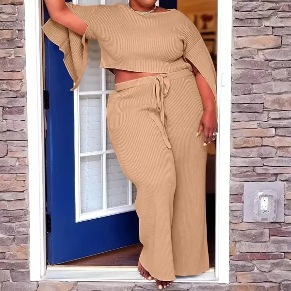 IyMoo Womens Sexy Plus Size 2 Piece Jumpsuit Outfits  Ribbed Slit Half Sleeve Crop Tops  Pockets Wide Leg Pants Party SetsKhaki