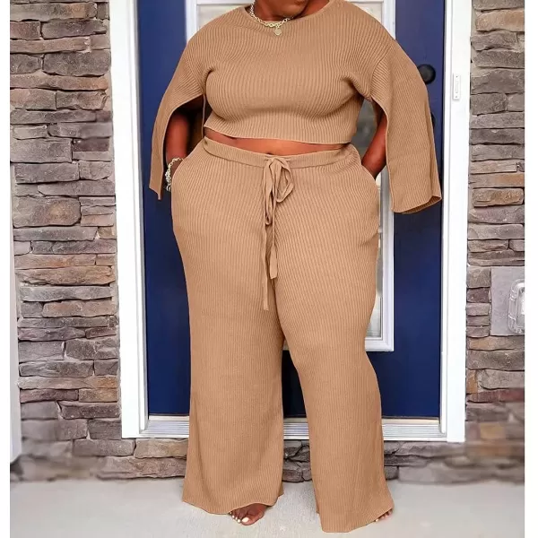 IyMoo Womens Sexy Plus Size 2 Piece Jumpsuit Outfits  Ribbed Slit Half Sleeve Crop Tops  Pockets Wide Leg Pants Party SetsKhaki