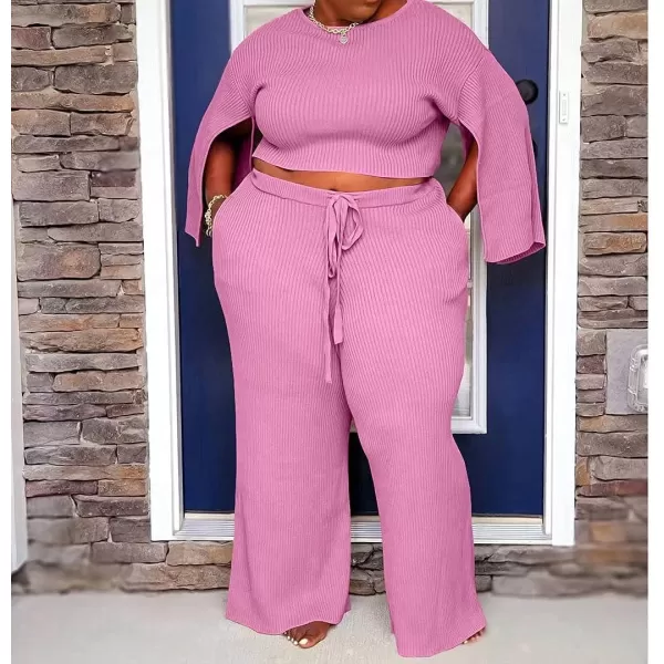 IyMoo Womens Sexy Plus Size 2 Piece Jumpsuit Outfits  Ribbed Slit Half Sleeve Crop Tops  Pockets Wide Leg Pants Party SetsPink