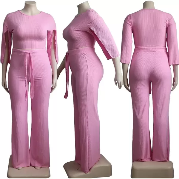 IyMoo Womens Sexy Plus Size 2 Piece Jumpsuit Outfits  Ribbed Slit Half Sleeve Crop Tops  Pockets Wide Leg Pants Party SetsPink