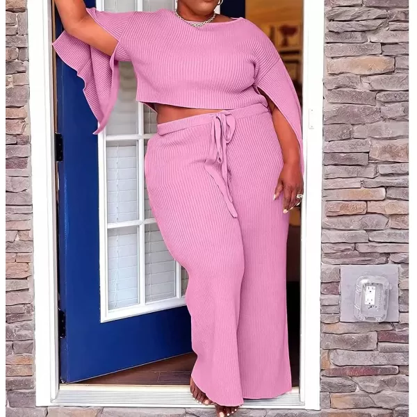 IyMoo Womens Sexy Plus Size 2 Piece Jumpsuit Outfits  Ribbed Slit Half Sleeve Crop Tops  Pockets Wide Leg Pants Party SetsPink