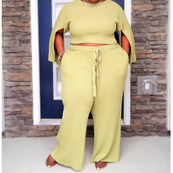 IyMoo Womens Sexy Plus Size 2 Piece Jumpsuit Outfits  Ribbed Slit Half Sleeve Crop Tops  Pockets Wide Leg Pants Party SetsYellow