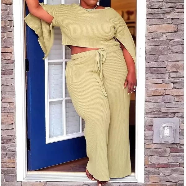 IyMoo Womens Sexy Plus Size 2 Piece Jumpsuit Outfits  Ribbed Slit Half Sleeve Crop Tops  Pockets Wide Leg Pants Party SetsYellow