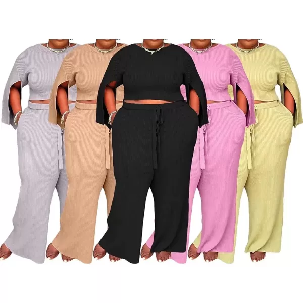 IyMoo Womens Sexy Plus Size 2 Piece Jumpsuit Outfits  Ribbed Slit Half Sleeve Crop Tops  Pockets Wide Leg Pants Party SetsYellow