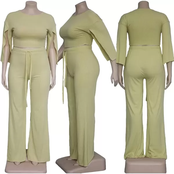 IyMoo Womens Sexy Plus Size 2 Piece Jumpsuit Outfits  Ribbed Slit Half Sleeve Crop Tops  Pockets Wide Leg Pants Party SetsYellow
