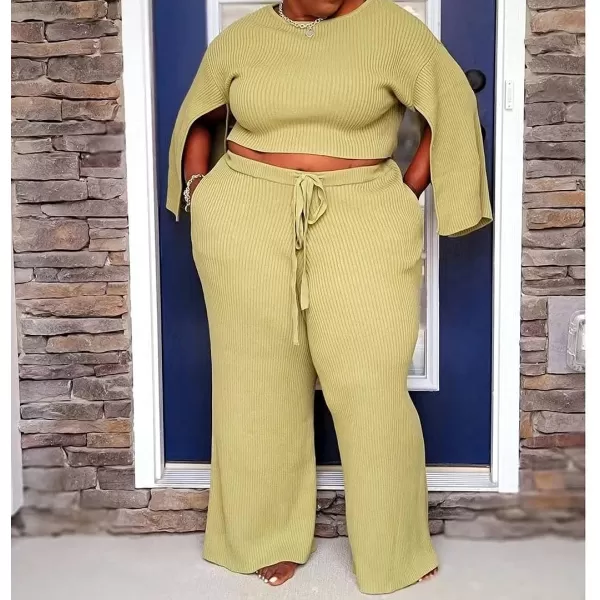 IyMoo Womens Sexy Plus Size 2 Piece Jumpsuit Outfits  Ribbed Slit Half Sleeve Crop Tops  Pockets Wide Leg Pants Party SetsYellow