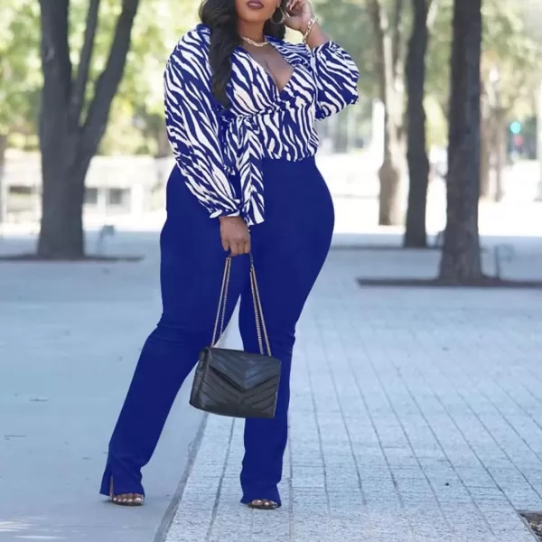 IyMoo Womens Sexy Plus Size 2 Piece Jumpsuits Outfits Long Sleeve Stripe Wrap Crop Tops Bodyocn Flare Pants with SlitBlue