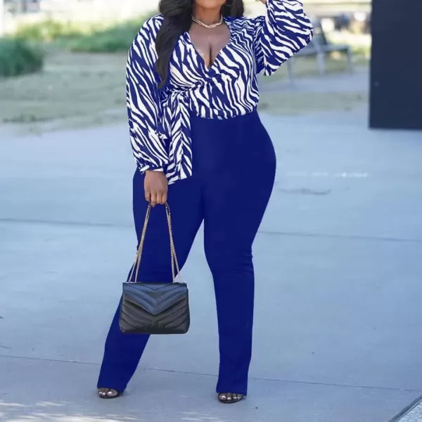 IyMoo Womens Sexy Plus Size 2 Piece Jumpsuits Outfits Long Sleeve Stripe Wrap Crop Tops Bodyocn Flare Pants with SlitBlue