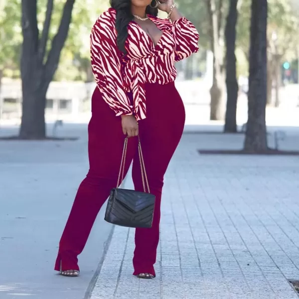IyMoo Womens Sexy Plus Size 2 Piece Jumpsuits Outfits Long Sleeve Stripe Wrap Crop Tops Bodyocn Flare Pants with SlitWine Red