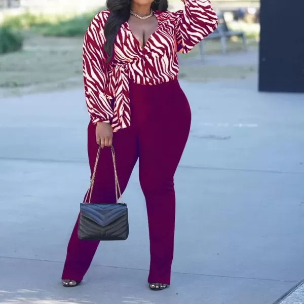IyMoo Womens Sexy Plus Size 2 Piece Jumpsuits Outfits Long Sleeve Stripe Wrap Crop Tops Bodyocn Flare Pants with SlitWine Red