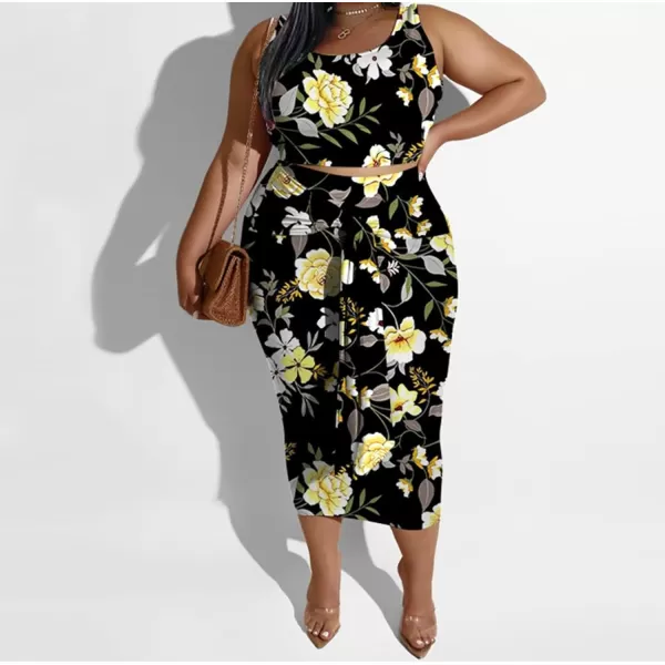 IyMoo Womens Sexy Plus Size 2 Piece Midi Dress Outfits  Sleeveless Tie Dye Print Tank Crop Top Bodycon Skirts Set817 Black