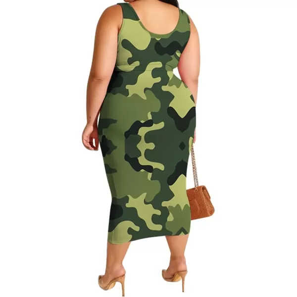 IyMoo Womens Sexy Plus Size 2 Piece Midi Dress Outfits  Sleeveless Tie Dye Print Tank Crop Top Bodycon Skirts Set817 Camouflage