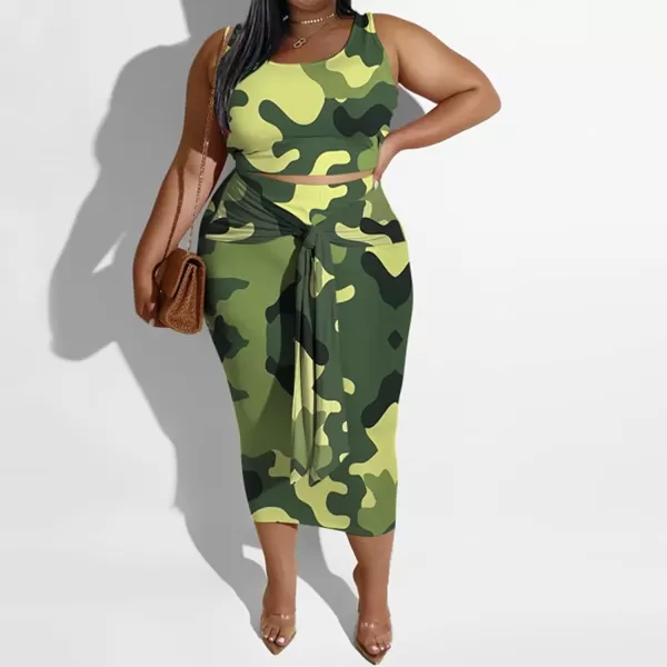 IyMoo Womens Sexy Plus Size 2 Piece Midi Dress Outfits  Sleeveless Tie Dye Print Tank Crop Top Bodycon Skirts Set817 Camouflage
