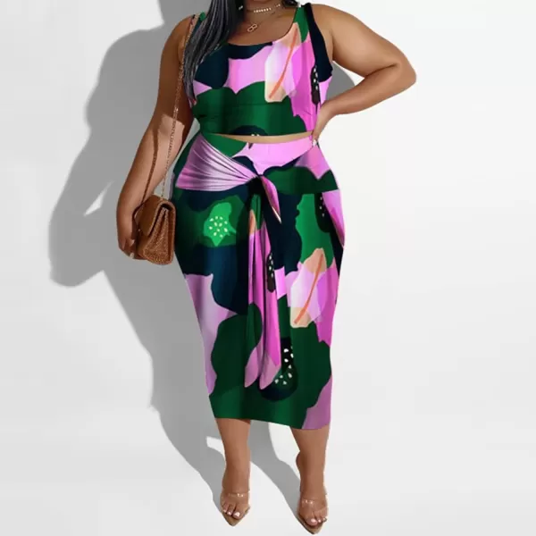 IyMoo Womens Sexy Plus Size 2 Piece Midi Dress Outfits  Sleeveless Tie Dye Print Tank Crop Top Bodycon Skirts Set817 Dark Green