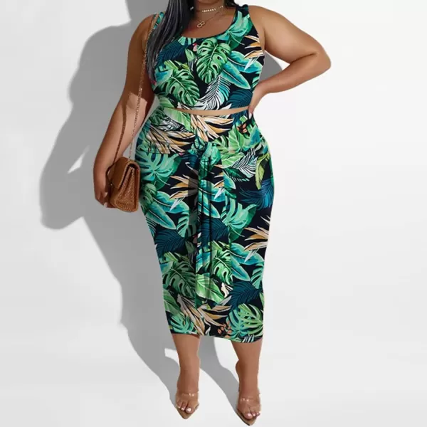 IyMoo Womens Sexy Plus Size 2 Piece Midi Dress Outfits  Sleeveless Tie Dye Print Tank Crop Top Bodycon Skirts Set817 Green