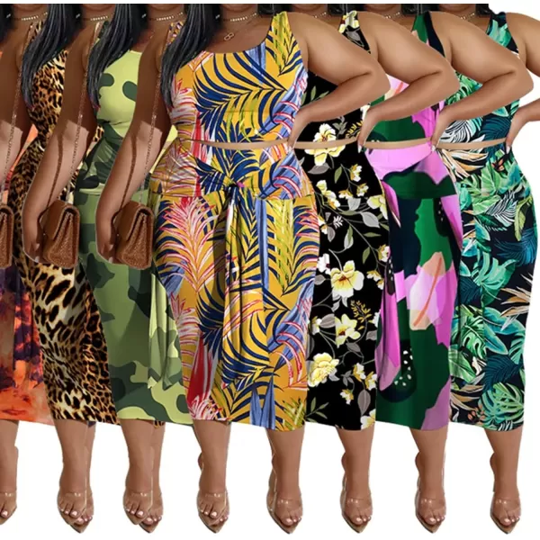 IyMoo Womens Sexy Plus Size 2 Piece Midi Dress Outfits  Sleeveless Tie Dye Print Tank Crop Top Bodycon Skirts Set817 Leopard