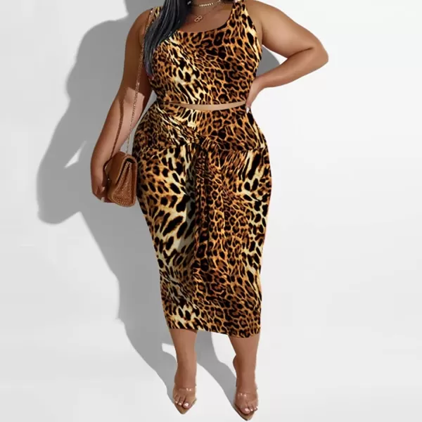 IyMoo Womens Sexy Plus Size 2 Piece Midi Dress Outfits  Sleeveless Tie Dye Print Tank Crop Top Bodycon Skirts Set817 Leopard