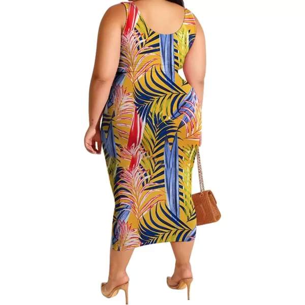 IyMoo Womens Sexy Plus Size 2 Piece Midi Dress Outfits  Sleeveless Tie Dye Print Tank Crop Top Bodycon Skirts Set817 Yellow