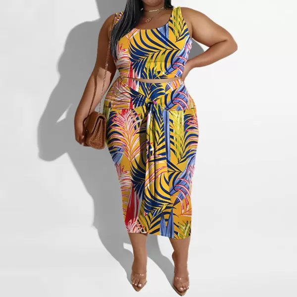 IyMoo Womens Sexy Plus Size 2 Piece Midi Dress Outfits  Sleeveless Tie Dye Print Tank Crop Top Bodycon Skirts Set817 Yellow