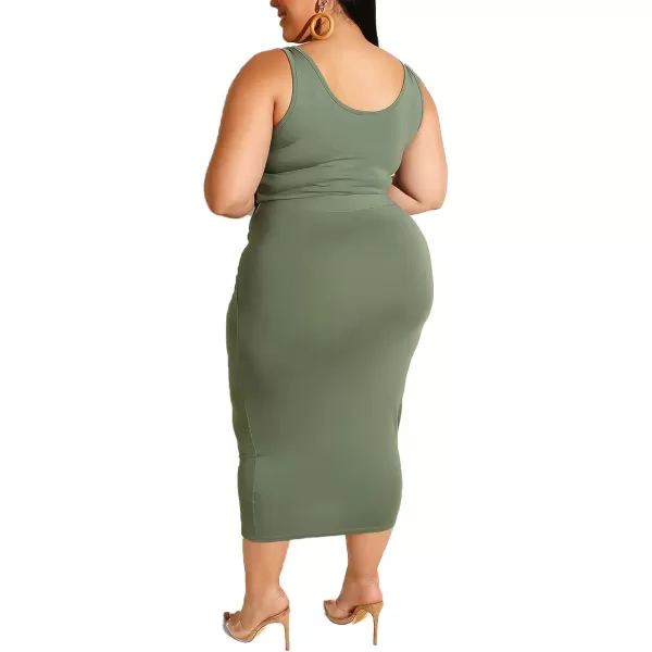 IyMoo Womens Sexy Plus Size 2 Piece Midi Dress Outfits  Sleeveless Tie Dye Print Tank Crop Top Bodycon Skirts SetArmy Green Solid