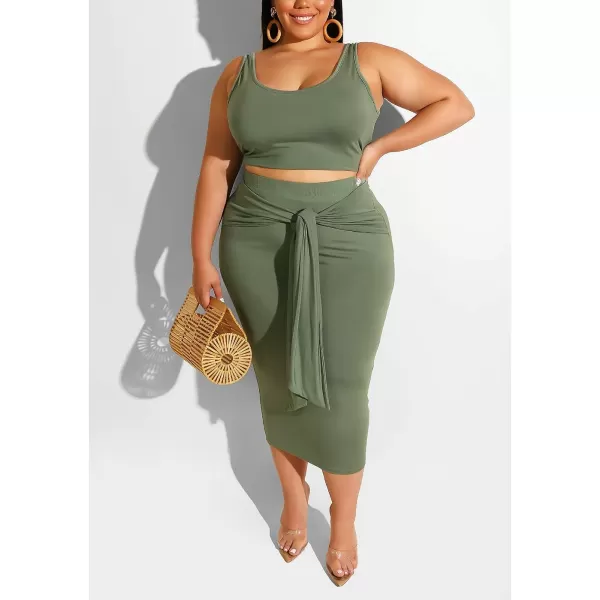 IyMoo Womens Sexy Plus Size 2 Piece Midi Dress Outfits  Sleeveless Tie Dye Print Tank Crop Top Bodycon Skirts SetArmy Green Solid