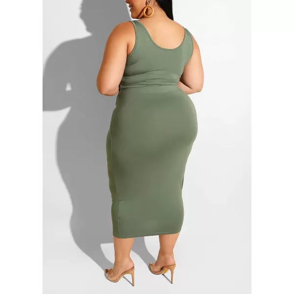 IyMoo Womens Sexy Plus Size 2 Piece Midi Dress Outfits  Sleeveless Tie Dye Print Tank Crop Top Bodycon Skirts SetArmy Green Solid