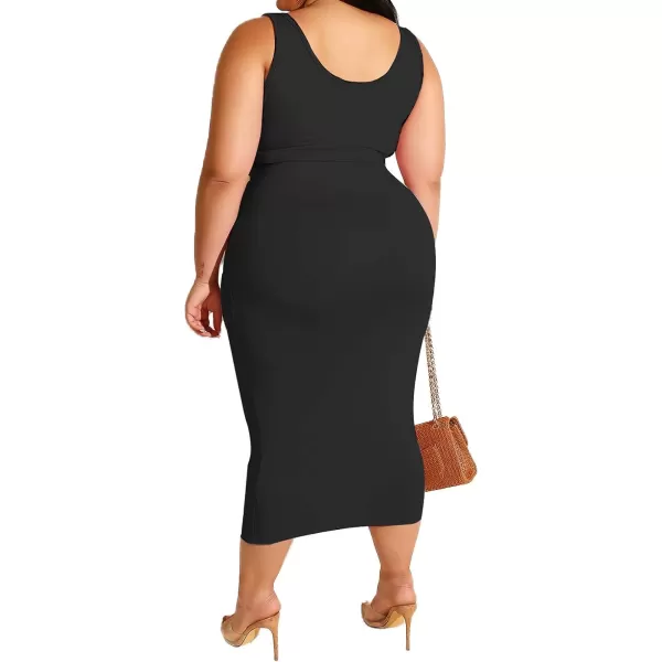 IyMoo Womens Sexy Plus Size 2 Piece Midi Dress Outfits  Sleeveless Tie Dye Print Tank Crop Top Bodycon Skirts SetBlack Solid
