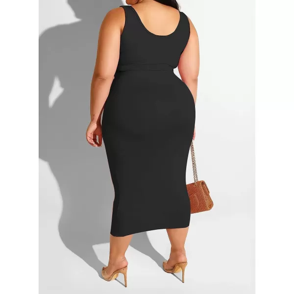 IyMoo Womens Sexy Plus Size 2 Piece Midi Dress Outfits  Sleeveless Tie Dye Print Tank Crop Top Bodycon Skirts SetBlack Solid