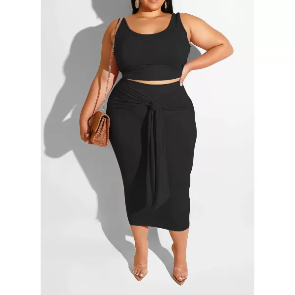 IyMoo Womens Sexy Plus Size 2 Piece Midi Dress Outfits  Sleeveless Tie Dye Print Tank Crop Top Bodycon Skirts SetBlack Solid