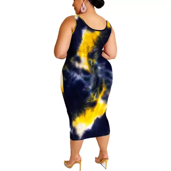 IyMoo Womens Sexy Plus Size 2 Piece Midi Dress Outfits  Sleeveless Tie Dye Print Tank Crop Top Bodycon Skirts SetBlack Yellow1