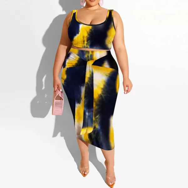 IyMoo Womens Sexy Plus Size 2 Piece Midi Dress Outfits  Sleeveless Tie Dye Print Tank Crop Top Bodycon Skirts SetBlack Yellow1