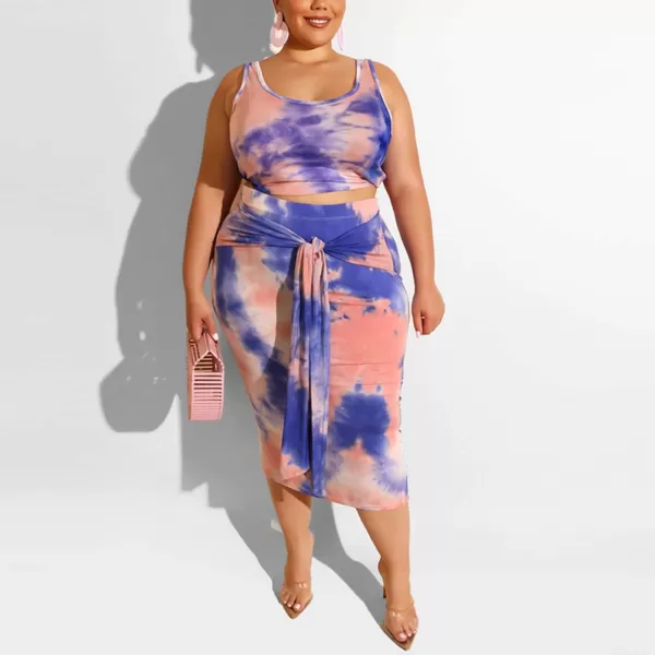 IyMoo Womens Sexy Plus Size 2 Piece Midi Dress Outfits  Sleeveless Tie Dye Print Tank Crop Top Bodycon Skirts SetBlue