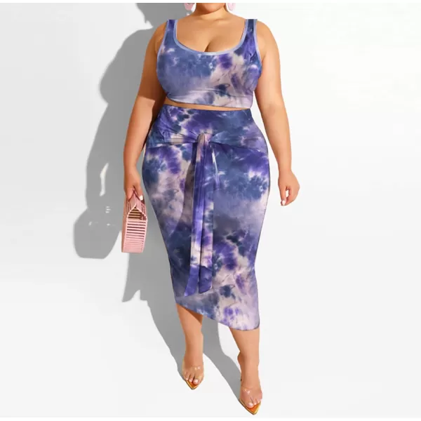 IyMoo Womens Sexy Plus Size 2 Piece Midi Dress Outfits  Sleeveless Tie Dye Print Tank Crop Top Bodycon Skirts SetBlue Gray1